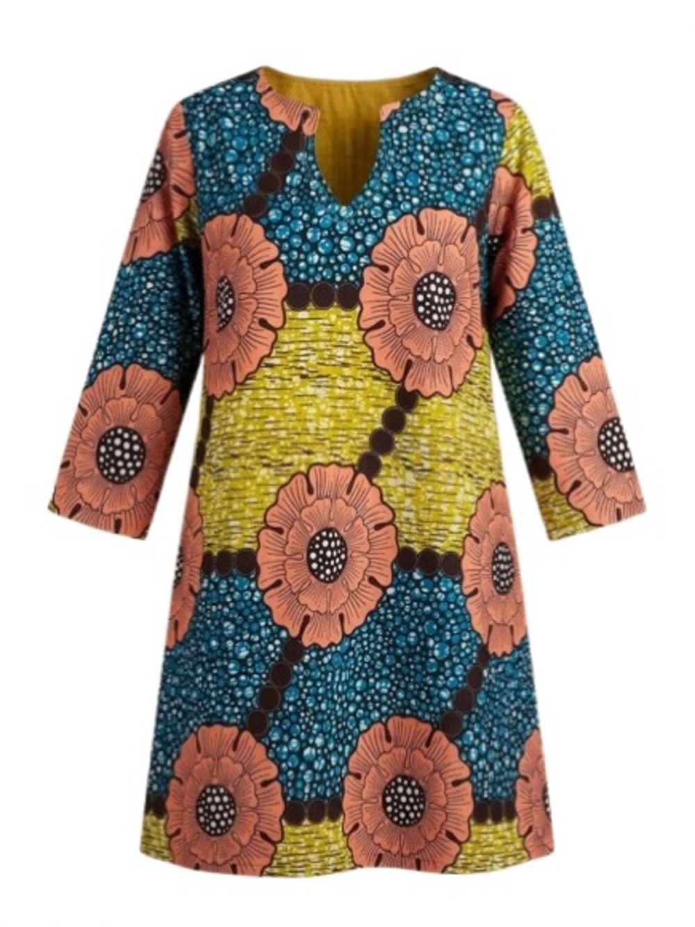 Handmade African Wax Print Floral Tunic Dress | Vibrant Ankara Split Neck Shift